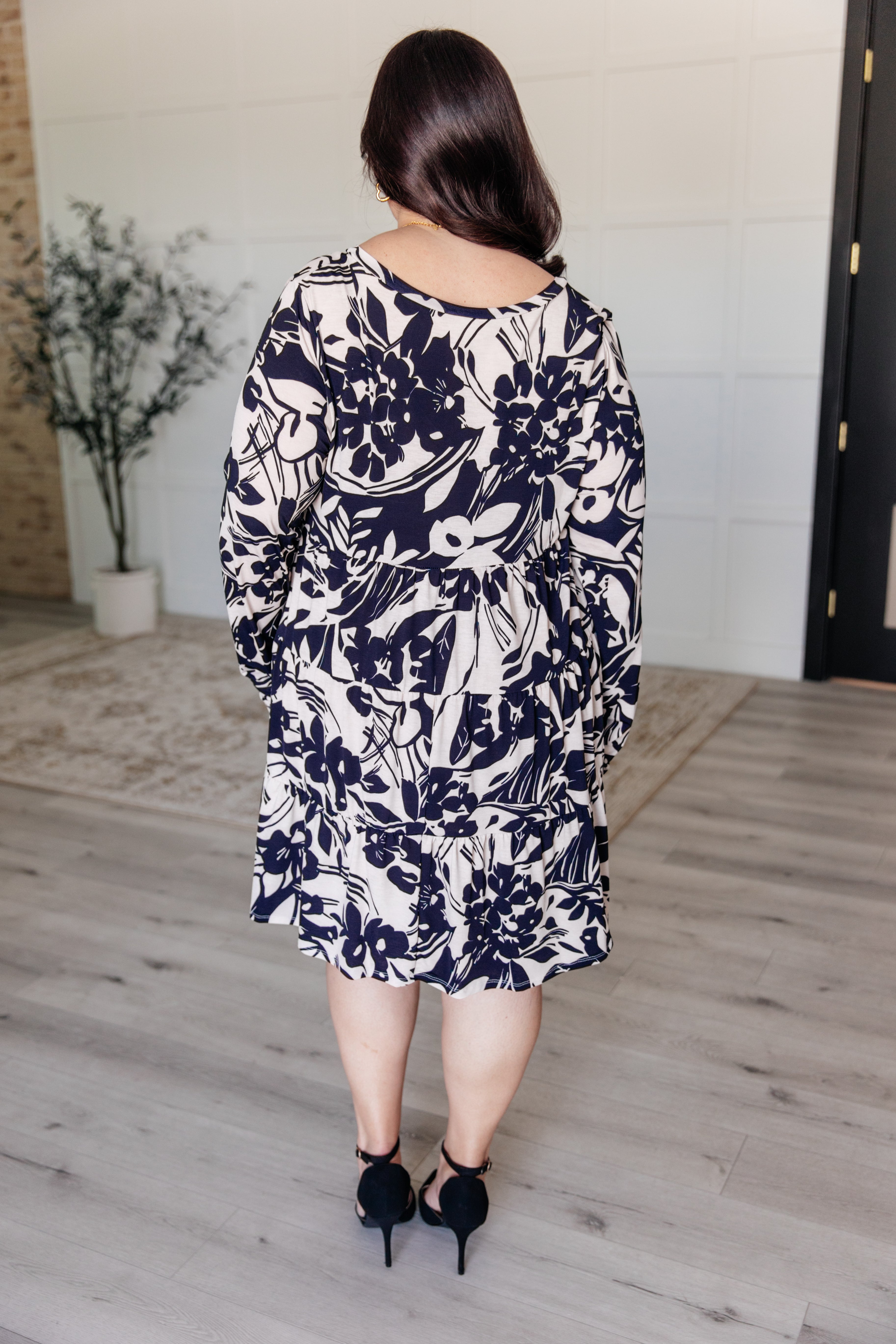 BeautybyShree Worthwhile Moment Floral Tiered Dress in Oatmeal and Navy