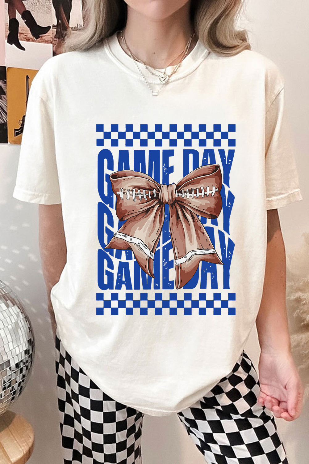 White Football Bow Heat Transfer Printing Game Day Crewneck T Shirt Graphic Tees a01781cfc556d214