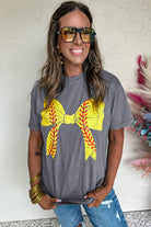 Gray Casual Baseball Bowknot Graphic Roll Up Sleeve Tee Graphic Tees a029a6bac1100507