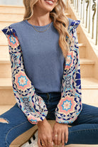 Ashleigh Blue Ruffle Floral Sleeve Patchwork Waffle Top Long Sleeve Tops a02e21d5dffaa477