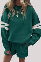 Evergreen Varsity Striped Sleeve Drop Shoulder Sweatshirt and Shorts Set Two Piece Shorts Sets a03f9f06950e1a8e