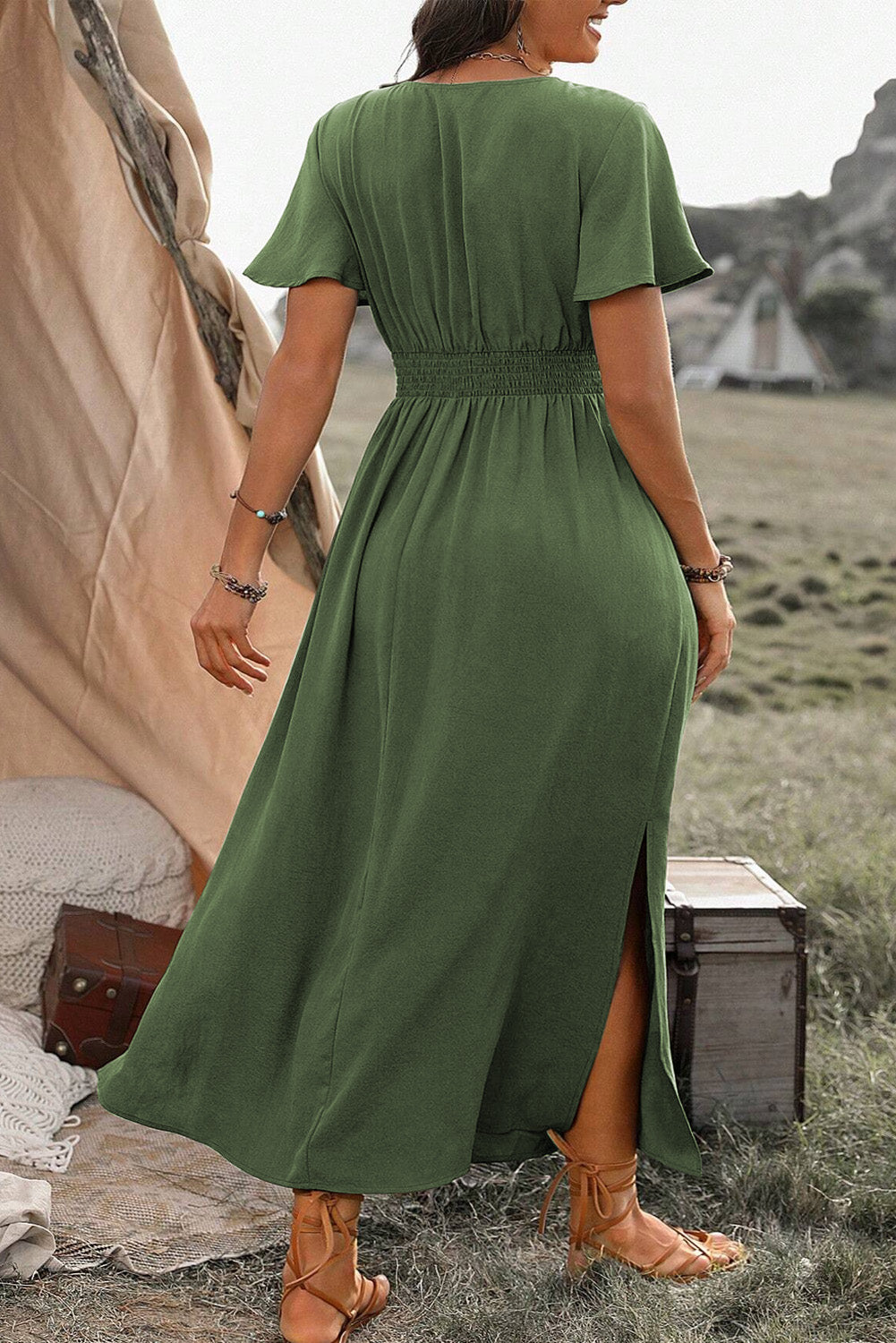 Green Surplice Neckline Smocked High Waist Plus Size Maxi Dress Plus Size Dresses a0423af82b41f4c6