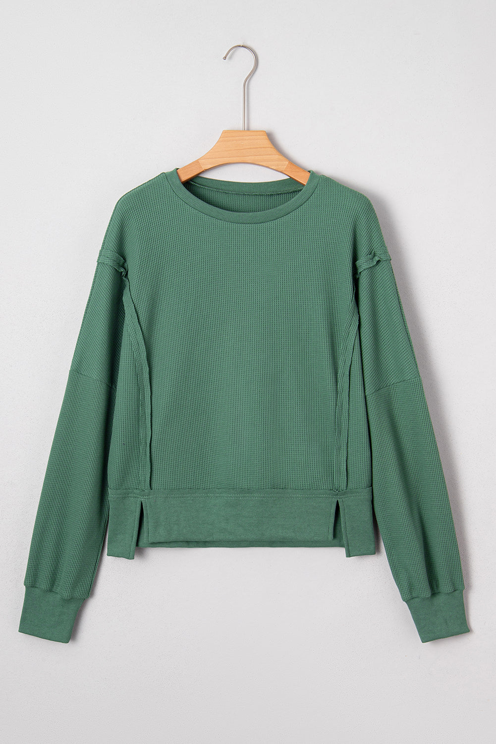 Evergreen Solid Color Raw Seam Patchwork Ribbed Drop Shoulder Sweatshirt Sweatshirts & Hoodies a052d72f6fc58040