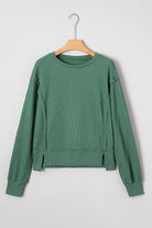 Evergreen Solid Color Raw Seam Patchwork Ribbed Drop Shoulder Sweatshirt Sweatshirts & Hoodies a052d72f6fc58040