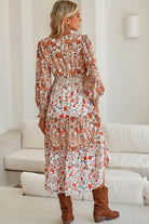 Khaki Floral Print Ruffled Tiered Long Sleeve V Neck Midi Dress Midi Dresses a05a057005b0a255