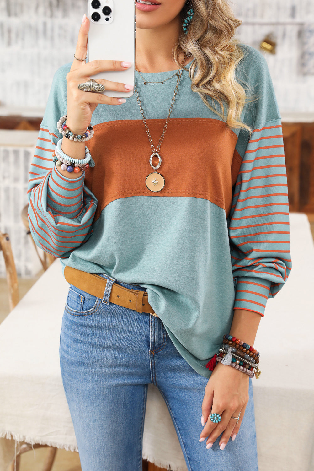 Green Colorblock Striped Bishop Sleeve Top with Side Slits Long Sleeve Tops a05d1ac9da2003d8