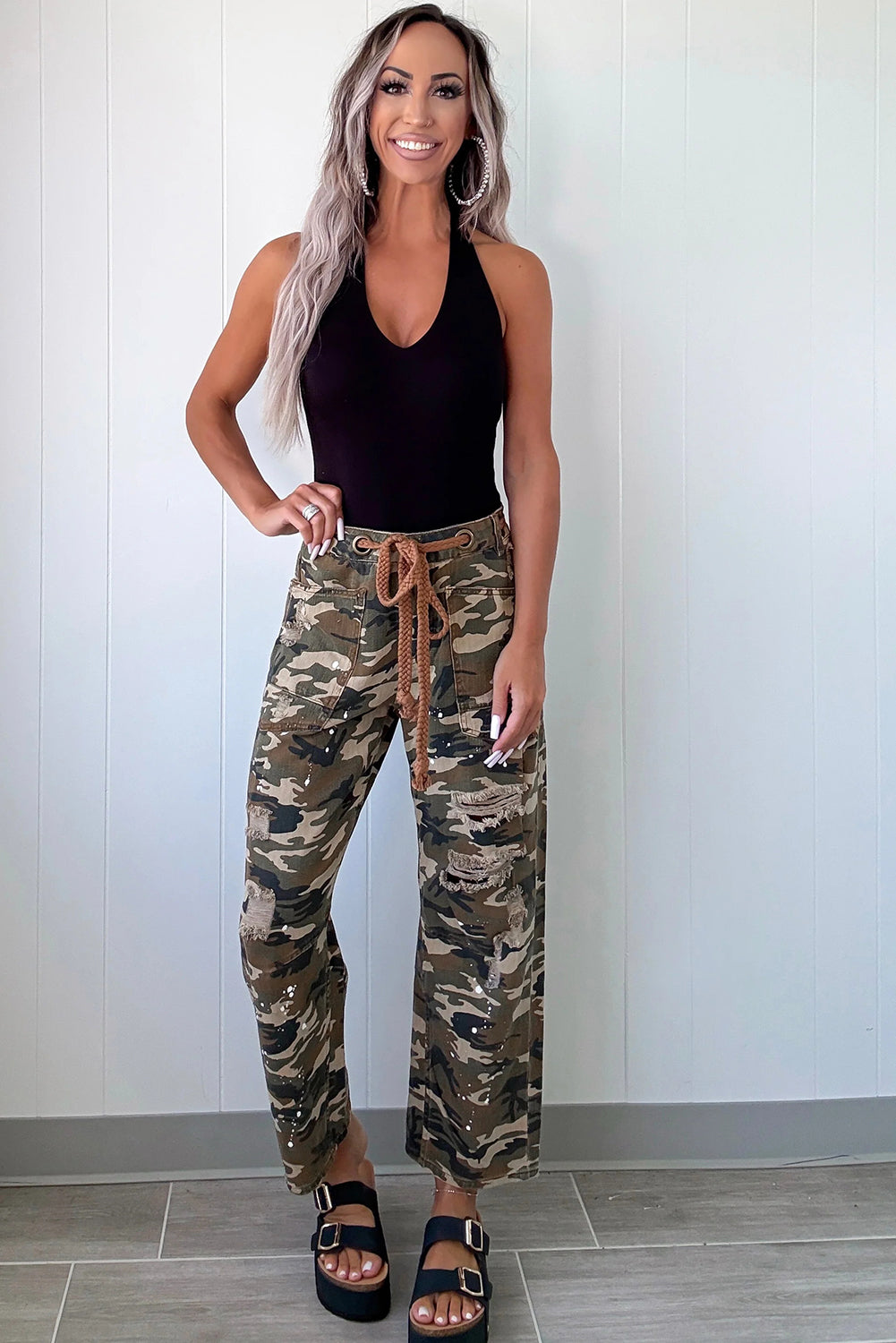 Green Camouflage Print Splashed Distressed Loose Denim Pants Jeans a06f012f145c5b86