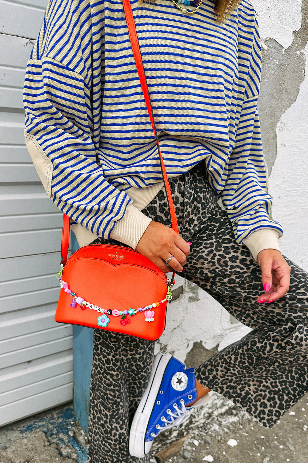 Blue Stripe Textured Elbow Patched Crew Neck Drop Shoulder Sweatshirt Sweatshirts & Hoodies a083b4ff08972945