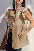 Pale Khaki Ruffle Plain Denim Jacket Vest Jackets a086d19c3d26f6f4