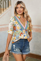 Multicolour Half Sleeve Boho Floral Pop of Color Neckline Blouse Blouses a09aa3759501f31e