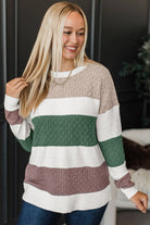 Green Mixed Texture Knit Striped Color Block Loose Sweater Sweaters a0a9c9793b58bb93