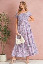 Purple Floral Short Bubble Sleeve Smocked High Waist Maxi Dress Maxi Dresses a0ac6133e0555b23