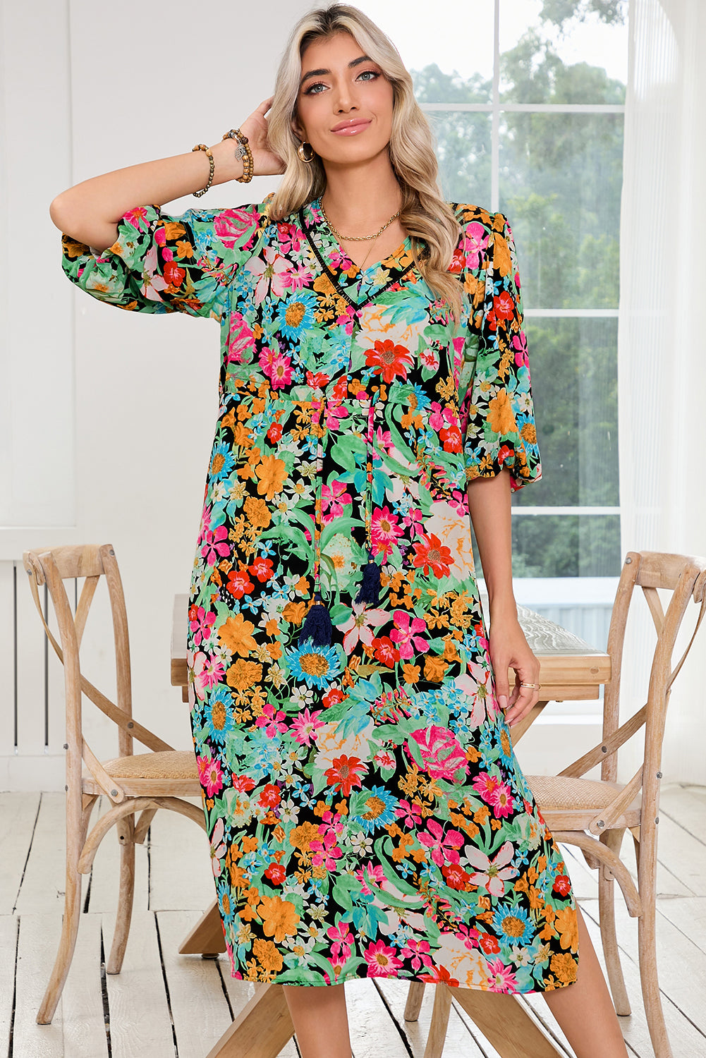 Green Boho Floral Puff Sleeve V Neck Tassel Drawstring Midi Dress Midi Dresses a0c5579c1ac34537