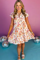 Apricot Floral Print Ruffled Trim Flutter Sleeve Mini Dress Short Dresses a0ce4daebd9dac45