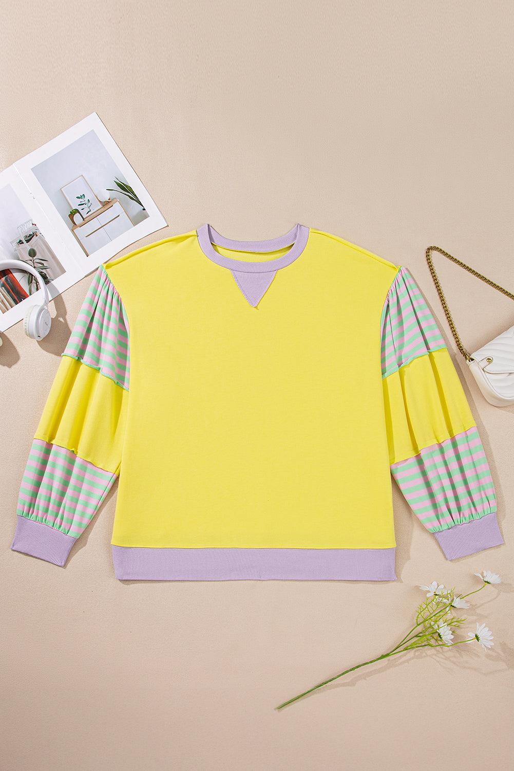 Yellow Striped Colorblock Patchwork Plus Size Pullover Sweatshirt Plus Size Tops a0d651626fa0d274