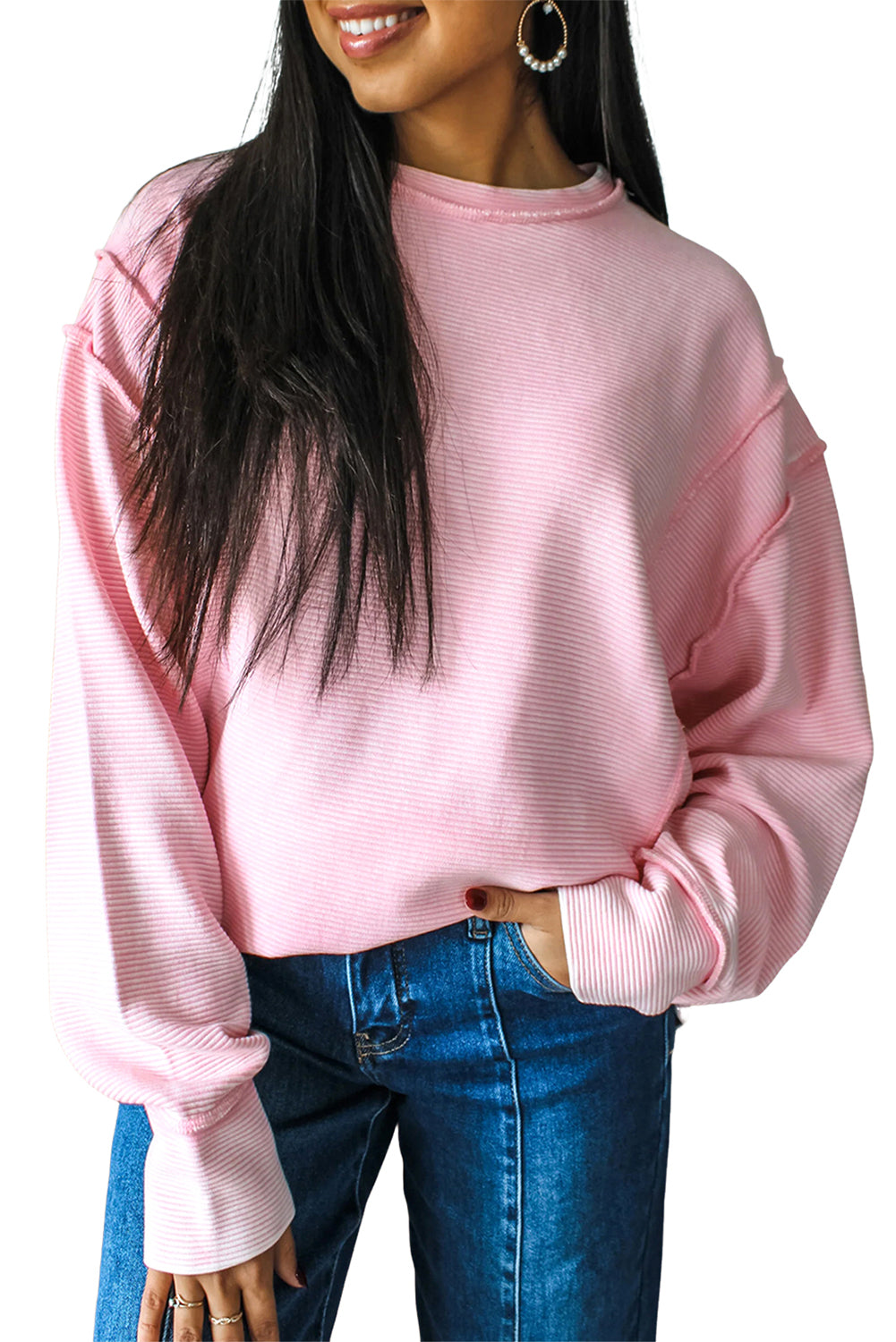 Pink Solid Color Exposed Seam Long Sleeve Top Long Sleeve Tops a0dc7b5cb4df4b4b