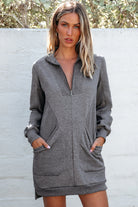 Dark Grey Zip up Collared Ribbed Patchwork Sweatshirt Dress with Pockets Mini Dresses a11f0db1d66ae2f0