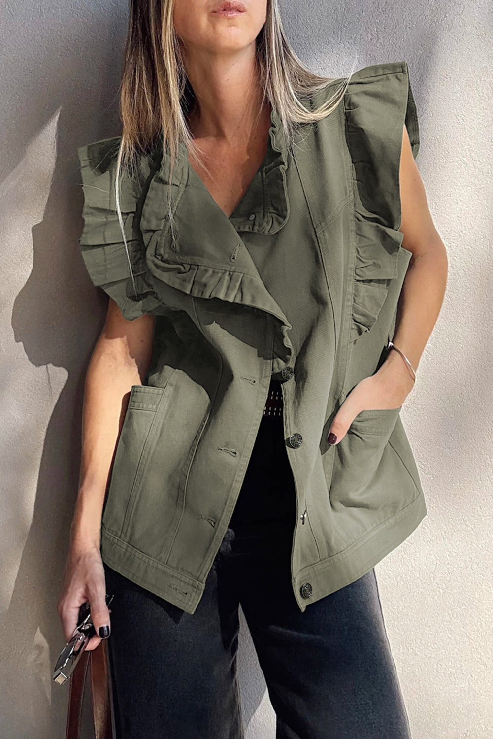 Green Bay Ruffle Plain Denim Jacket Vest Jackets a128930a98f22330