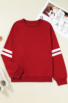 Fiery Red Varsity Striped Detail Plus Size Round Neck Sweatshirt Plus Size Tops a13e6d9e823412ff