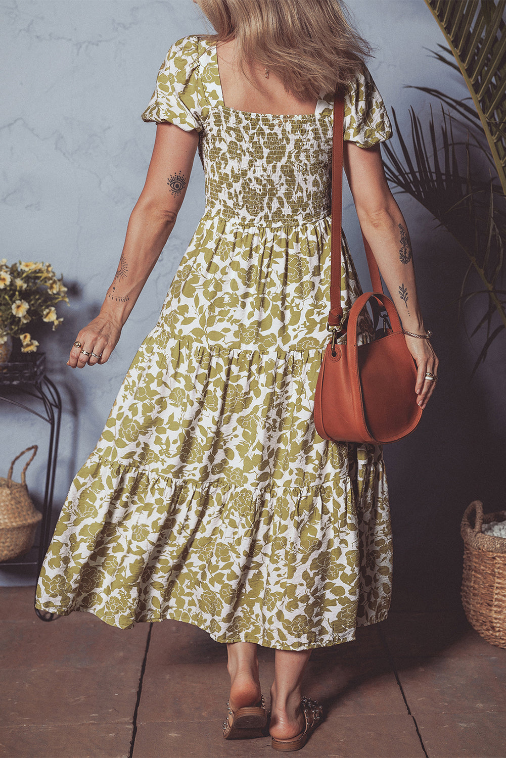 Yellow Boho Floral Print Square Neck Puff Sleeve Tiered Maxi Dress Maxi Dresses a143a7a75e4848b3