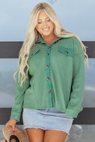 Grass Green Waffle Knit Vintage Patchwork Button Up Loose Shirt Blouses a1704839afceab18