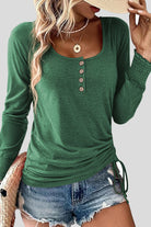 Blackish Green U Neck Smocked Cuffs Side Drawstring Henley Top Long Sleeve Tops a1aca7ccef723af1