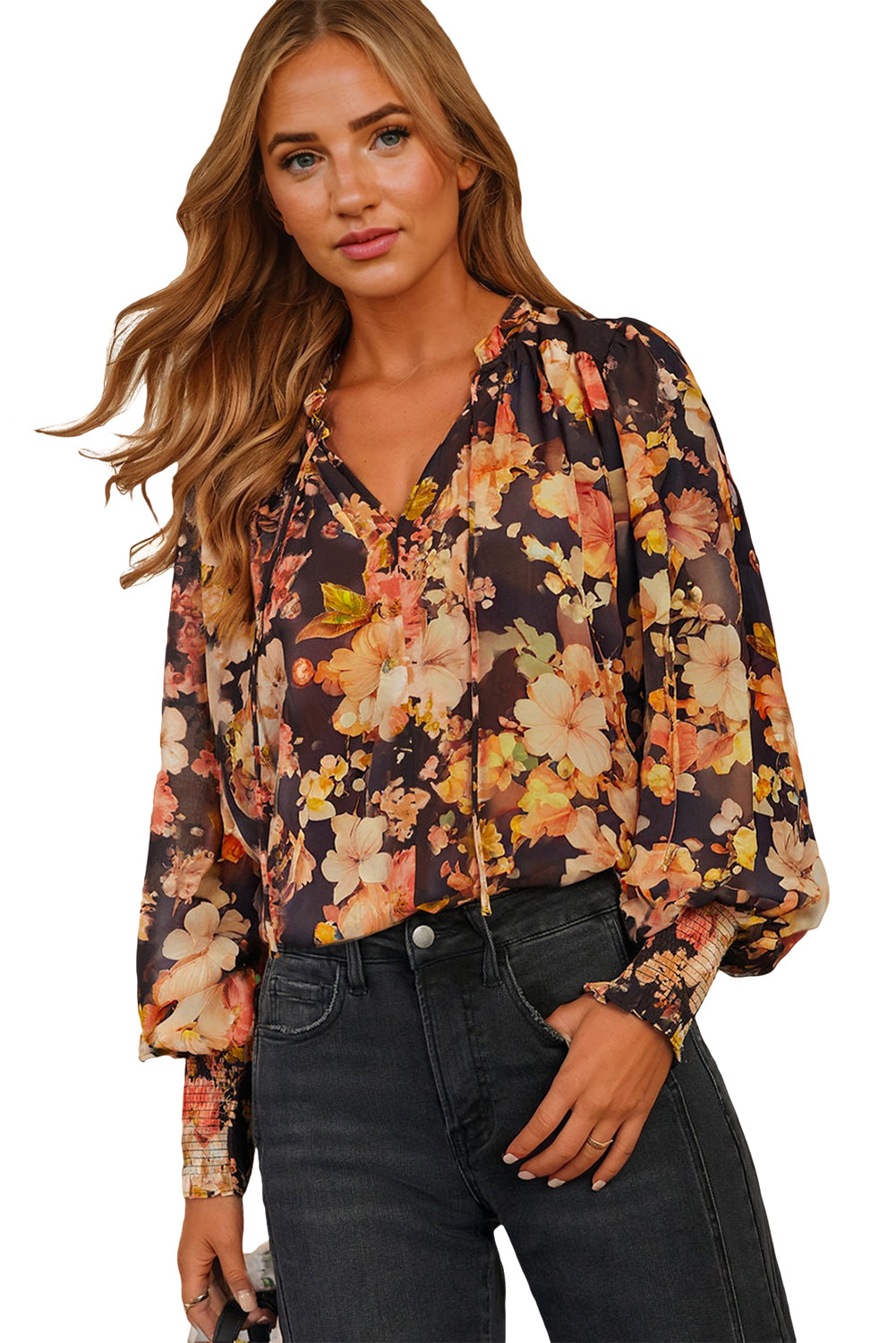 Black Floral V Neck Long Puff Sleeve Breezy Blouse Blouses a1b2fb94f7b6b414