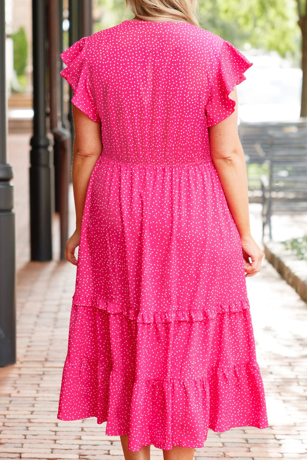 Rose Polka Dot Print Ruffle Smocked High Waist Plus Midi Dress Plus Size Dresses a1c21d66996a198f