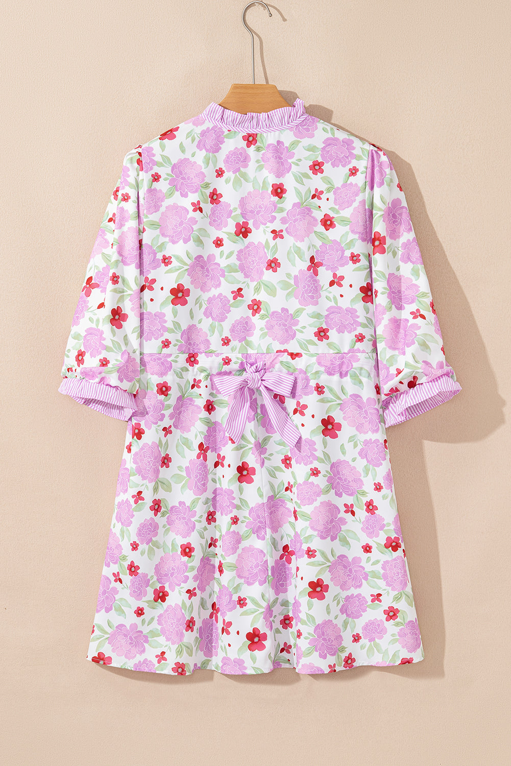 Pink Floral Print Striped Trim Flowy Mini Dress Short Dresses a1c412b5268f941d