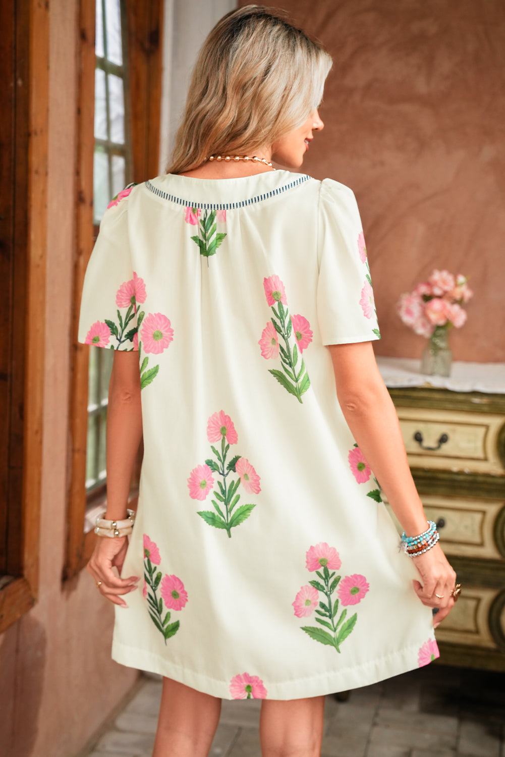 Rose Striped Trim Short Sleeve Split Neck Floral Mini Dress Short Dresses a1caaa2326169dff