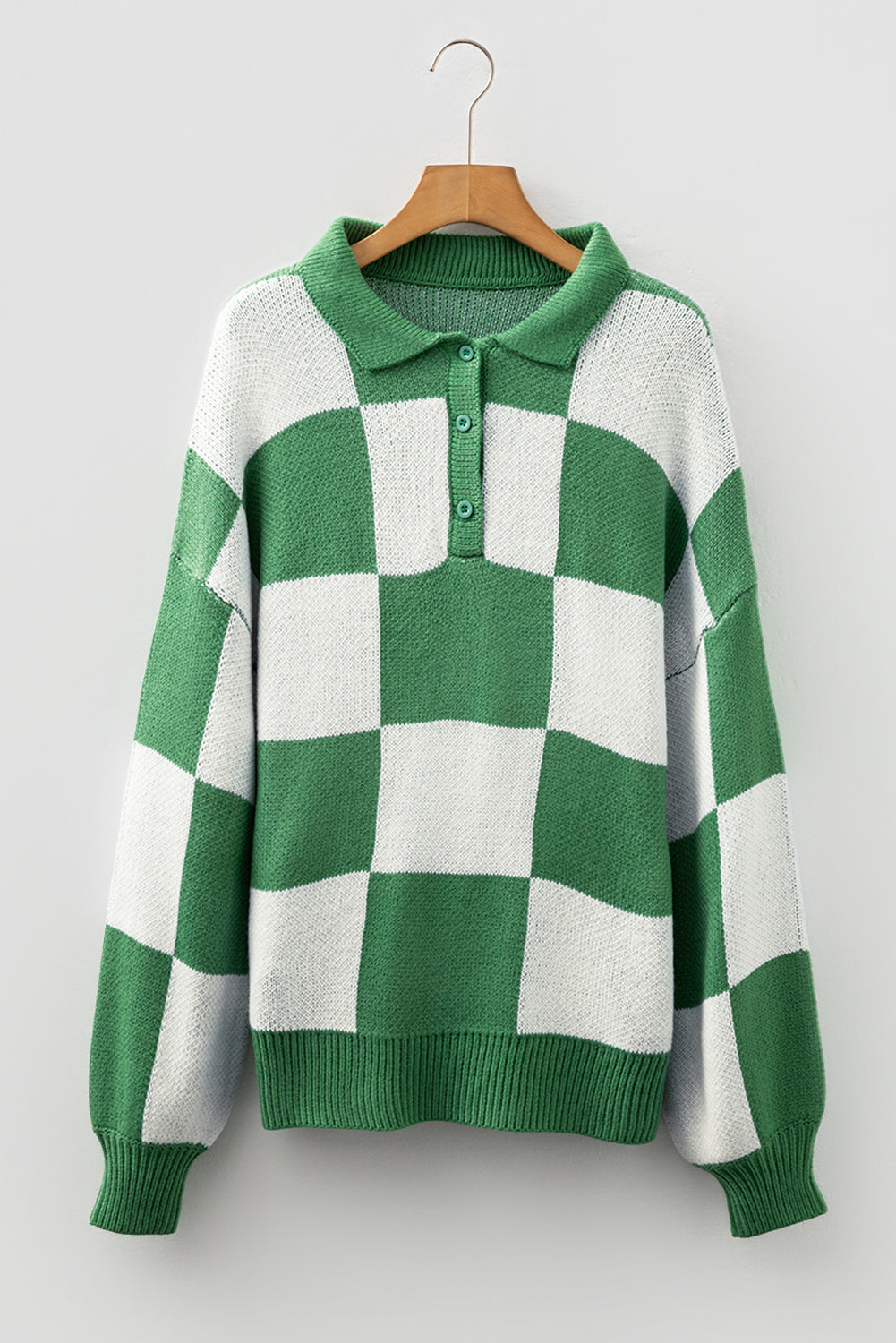 Mist Green Checkered V-Neck Collared Pullover Sweater Sweaters a1cb235b93a88b14