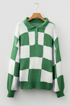 Mist Green Checkered V-Neck Collared Pullover Sweater Sweaters a1cb235b93a88b14