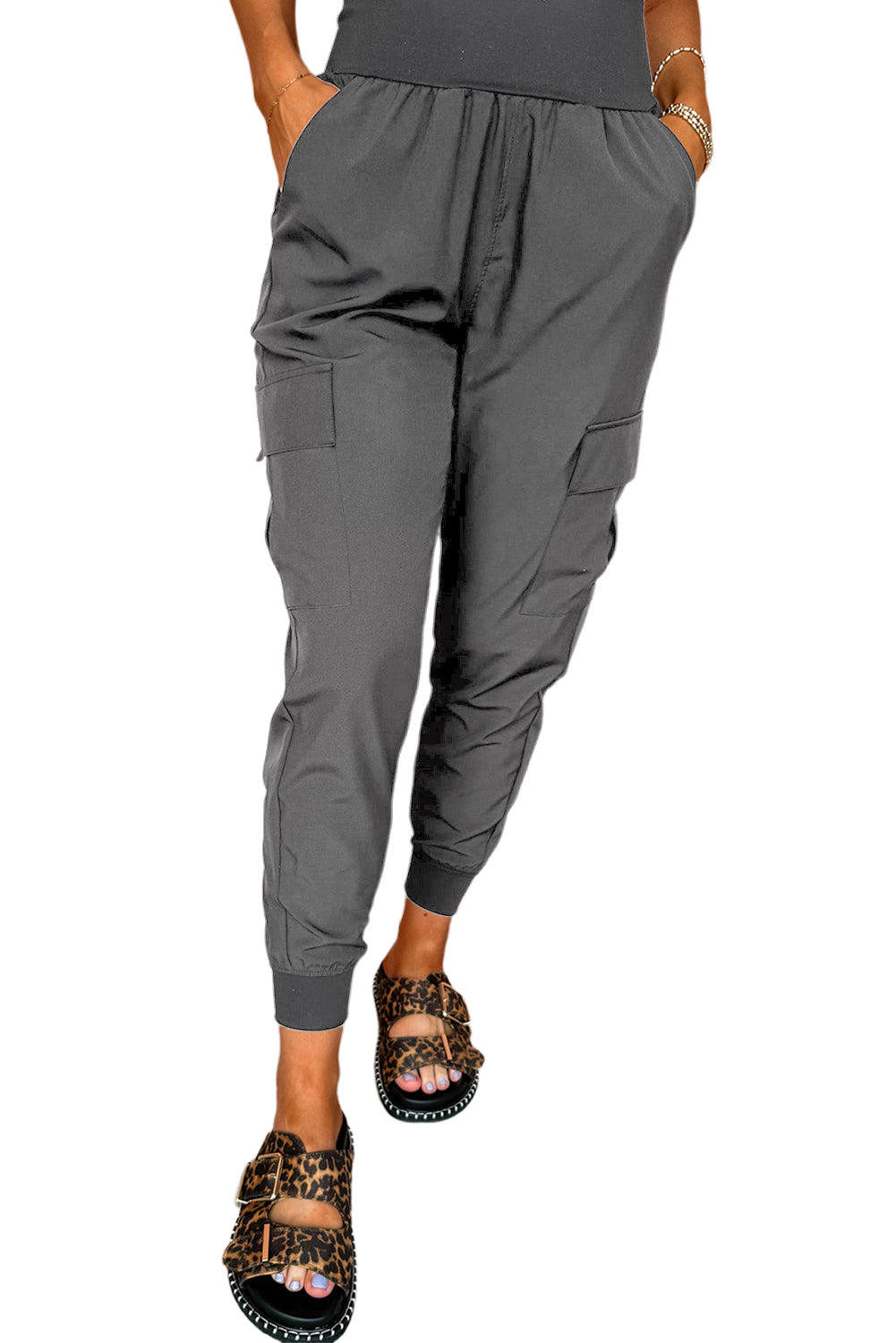 Medium Grey Elastic High Waist Pocketed Cargo Jogger Pants Pants a1e968c056d8da4f