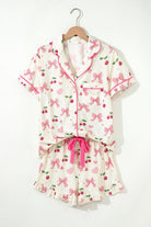 Beige Bow and Cherry Print Ruffle Hem Shorts Pajama Set Two Piece Shorts Sets a206109da8836994
