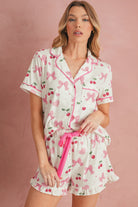 Beige Bow and Cherry Print Ruffle Hem Shorts Pajama Set Two Piece Shorts Sets a20ba89a1ba1a164