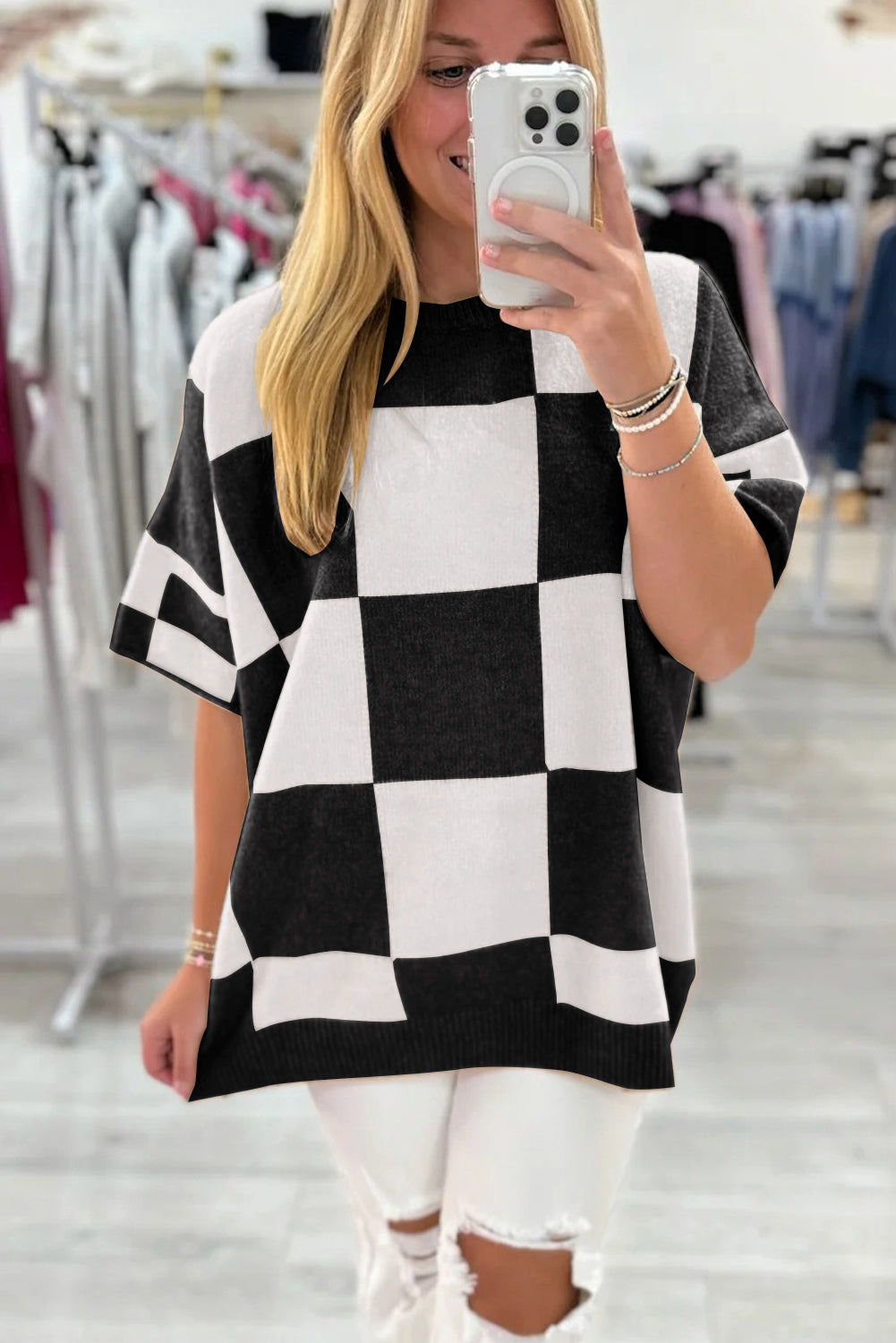 Black Checkered Pattern Loose Short Sleeve Sweater Short Sleeve Sweater a2271fc040ec389f