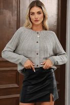 Gray Solid Color Textured Detail Button Down Long Sleeve Sweater Cardigan Cardigans a24788d6fb78aaa9