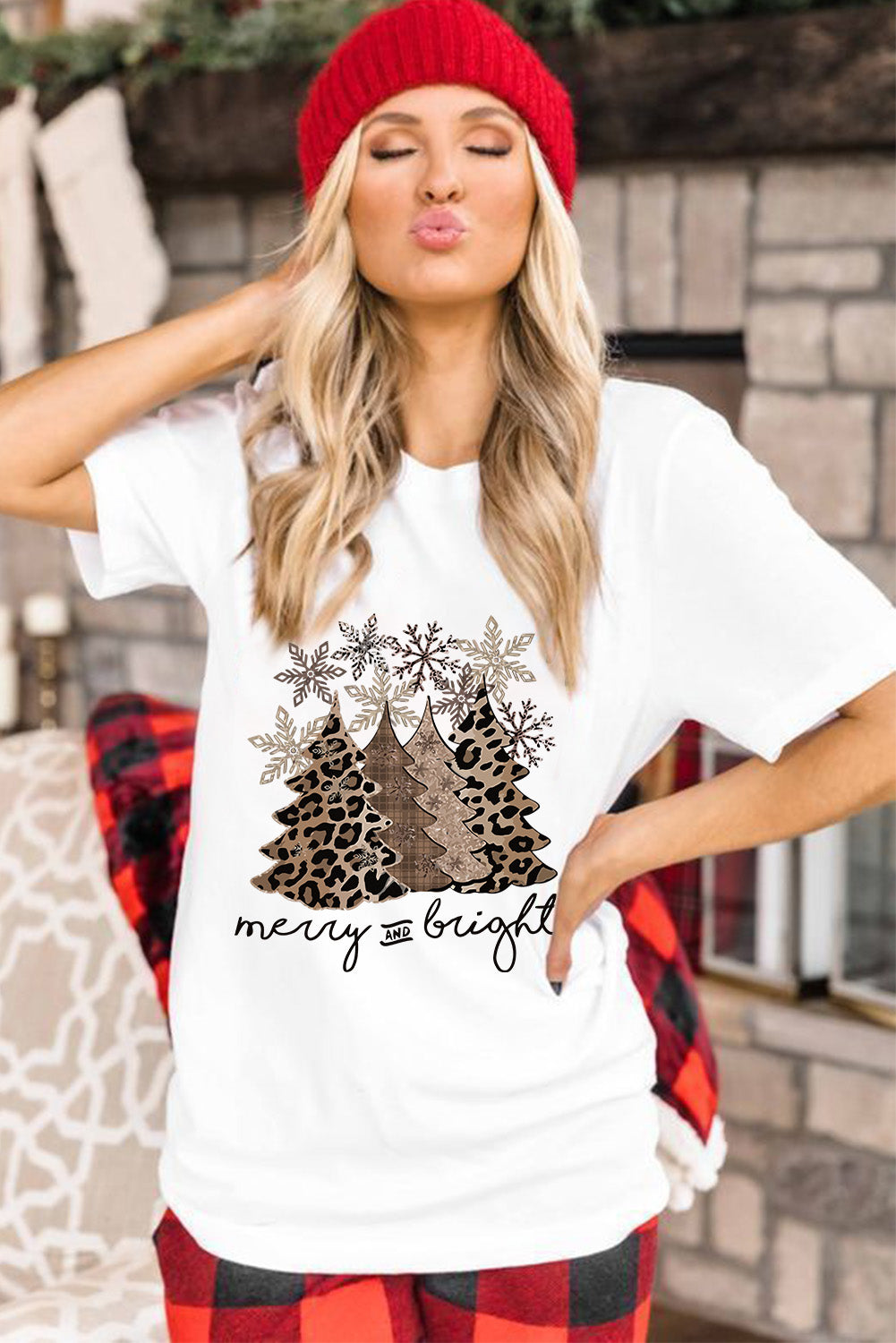 White Leopard Christmas Tree Casual Crew Neck Graphic Tee Graphic Tees a26e723dfab778a9