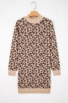 Khaki Leopard Print High Neck Shift Mini Sweater Dress Sweater Dresses a273d490cf9dbca7