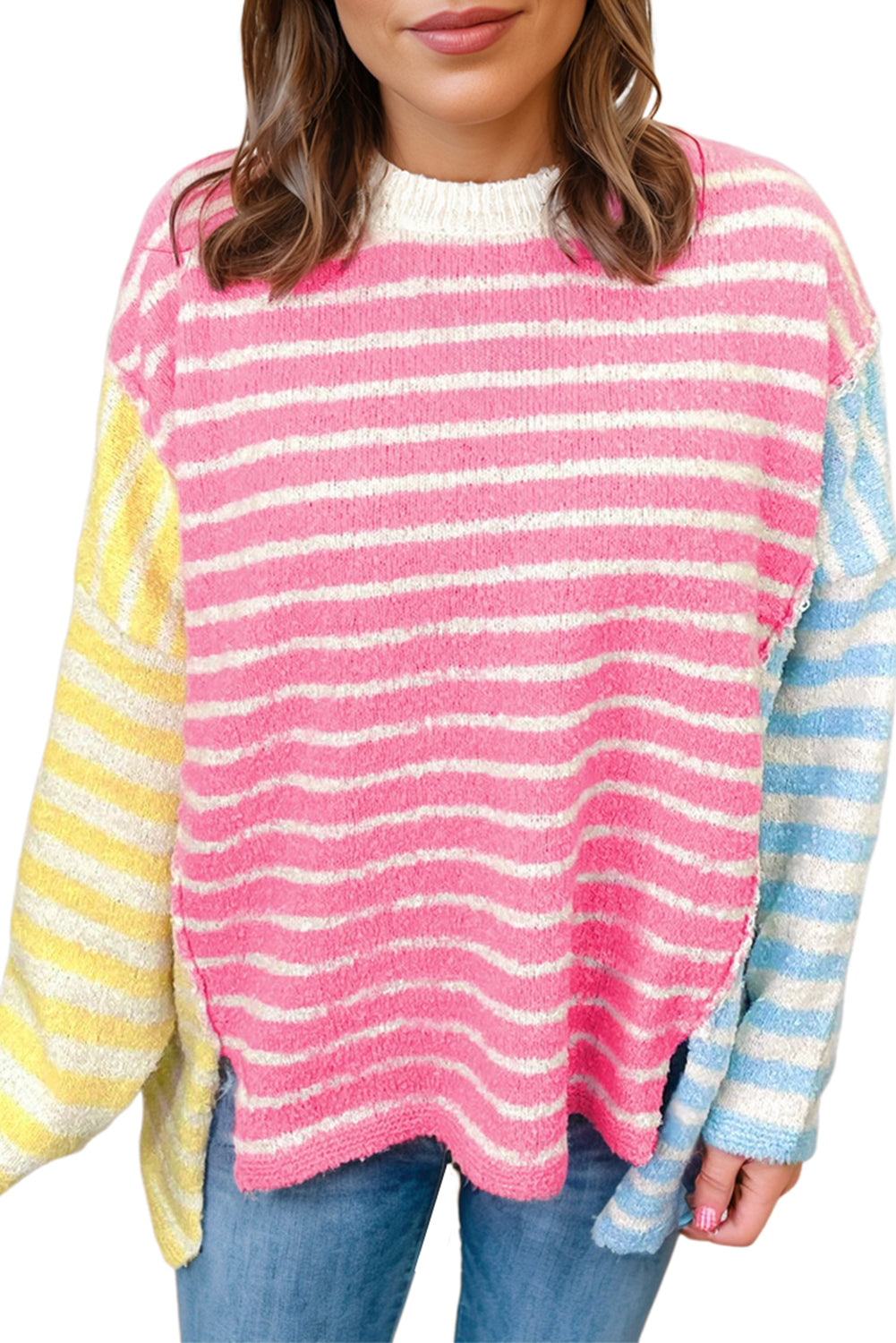 Multicolour Striped Exposed Seam Colorblock Patchwork Plus Size Sweater Plus Size Sweaters&Cardigans a29ad820521b2bb3