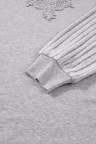 Gray Solid Lace Applique Round Neck Long Sleeve Top Long Sleeve Tops a2d0be355f76769e