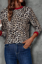 Brown Leopard Print Contrast Trim Round Neck Long Sleeve Top Long Sleeve Tops a2d7e734e4eb3911