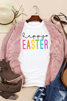 White Happy EASTER Letter Graphic Round Neck Tee Graphic Tees a30dc31773bcfe26