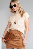 Oatmeal Patch Pocket Ribbed Knit Short Sleeve Sweater Knit Tops a3122cfae5802c2e