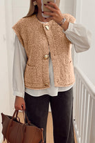 Light French Beige Big Button Accent Fuzzy Pocket Vest Vests a3282772bc73ee01