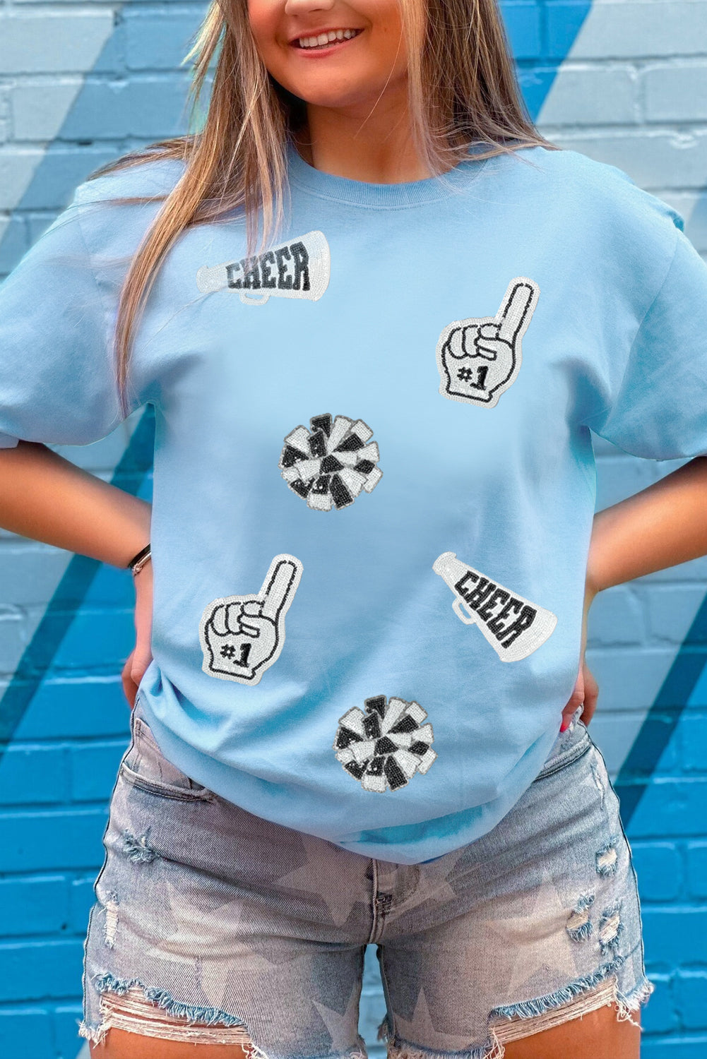 Light Blue Cheer Game Day Element Sequin Patched T Shirt Graphic Tees a37598a1f41f190f