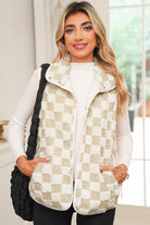 Khaki Sherpa Checkerboard Snap Button Vest Jacket Jackets a37d5cd51e61c0d7