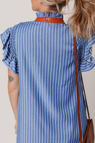 Sky Blue Stripe Frilly Split Neck Shirred Ruffle Sleeve Mini Shift Dress Short Dresses a385f8ea487a8c96