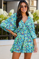 Green Abstract Print Batwing Sleeve V Neck High Waist Romper Rompers a390ea641143f2ab