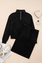 Black Ribbed Zip Neck Drop Shoulder Pullover Bodycon Skirt Set Two Piece Skirt Sets a3a3b95667b3d1d6